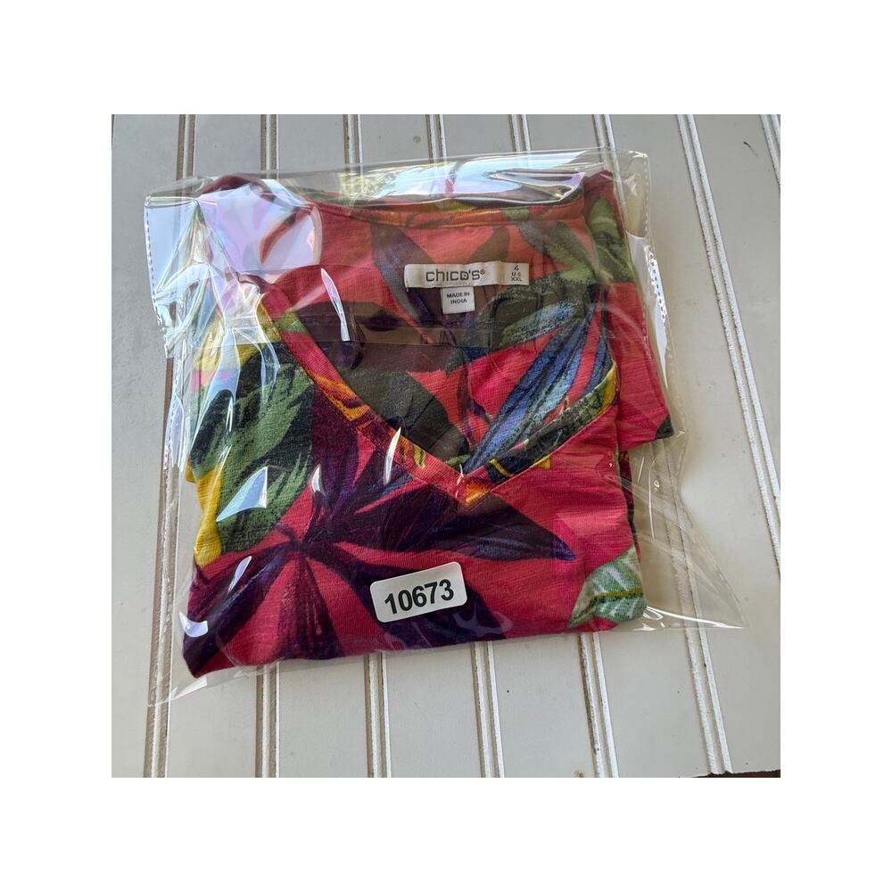 Chico’s 4 Size XXL Tropical Floral V Neck 3/4 Sleeve Top Pink Modal Cotton - Picture 11 of 11